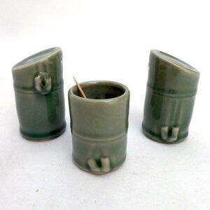 VINTAGE JAPAN CERAMIC BAMBOO SHAPED SALT PEPPER SHAKER TOOTHPICK HOLDER SET